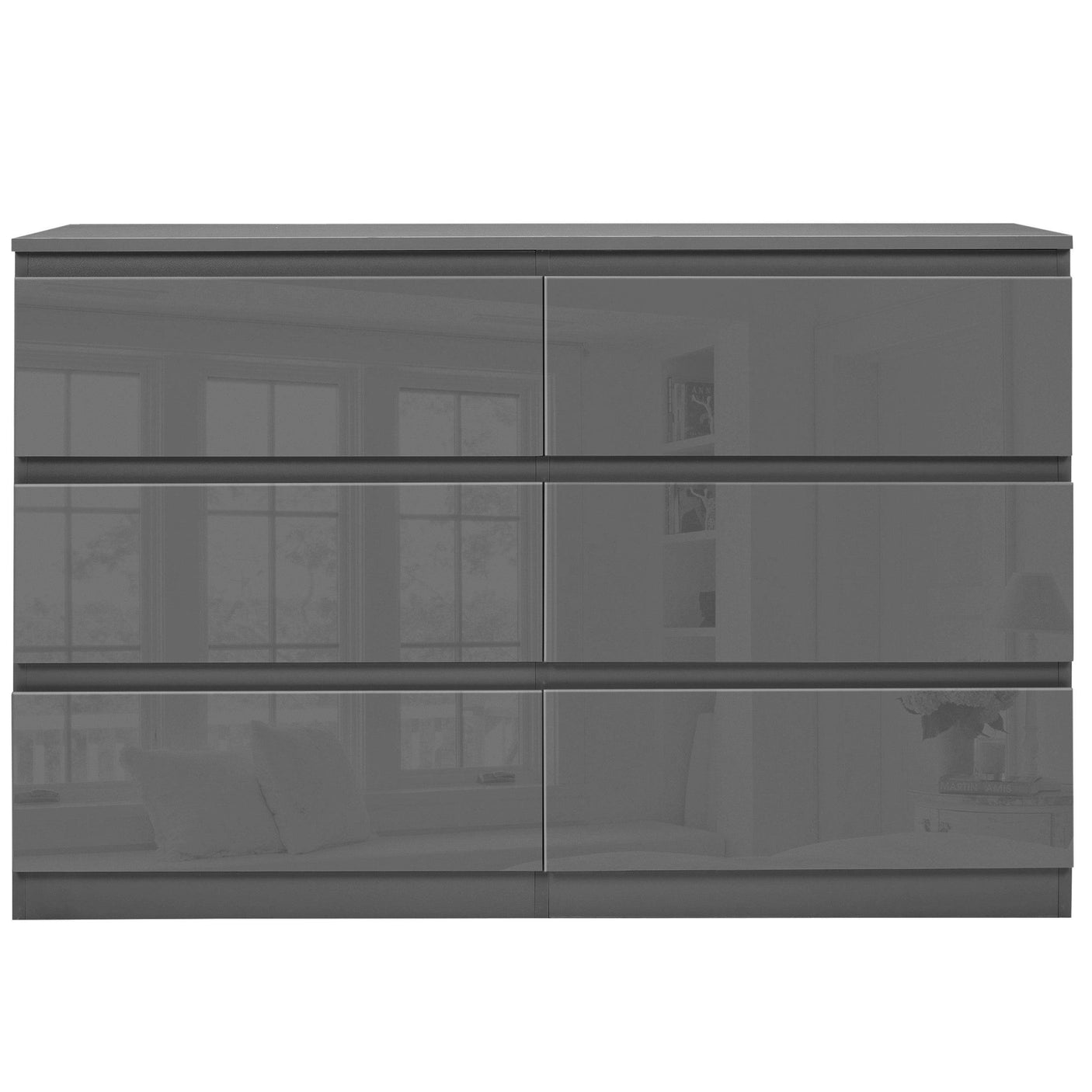 Front view of Blisswood Dark Grey Chest of Drawers - High Gloss Drawers 6-drawer unit with a wide, symmetrical layout.