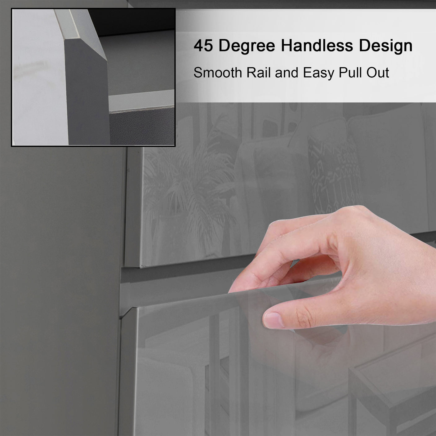 Close-up of Dark Grey Chest of Drawers - High Gloss Drawers showing handleless drawer edge for modern functionality.
