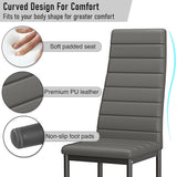 Grey dining chair features: soft padded seat, premium PU leather, and non-slip foot pads for stability.