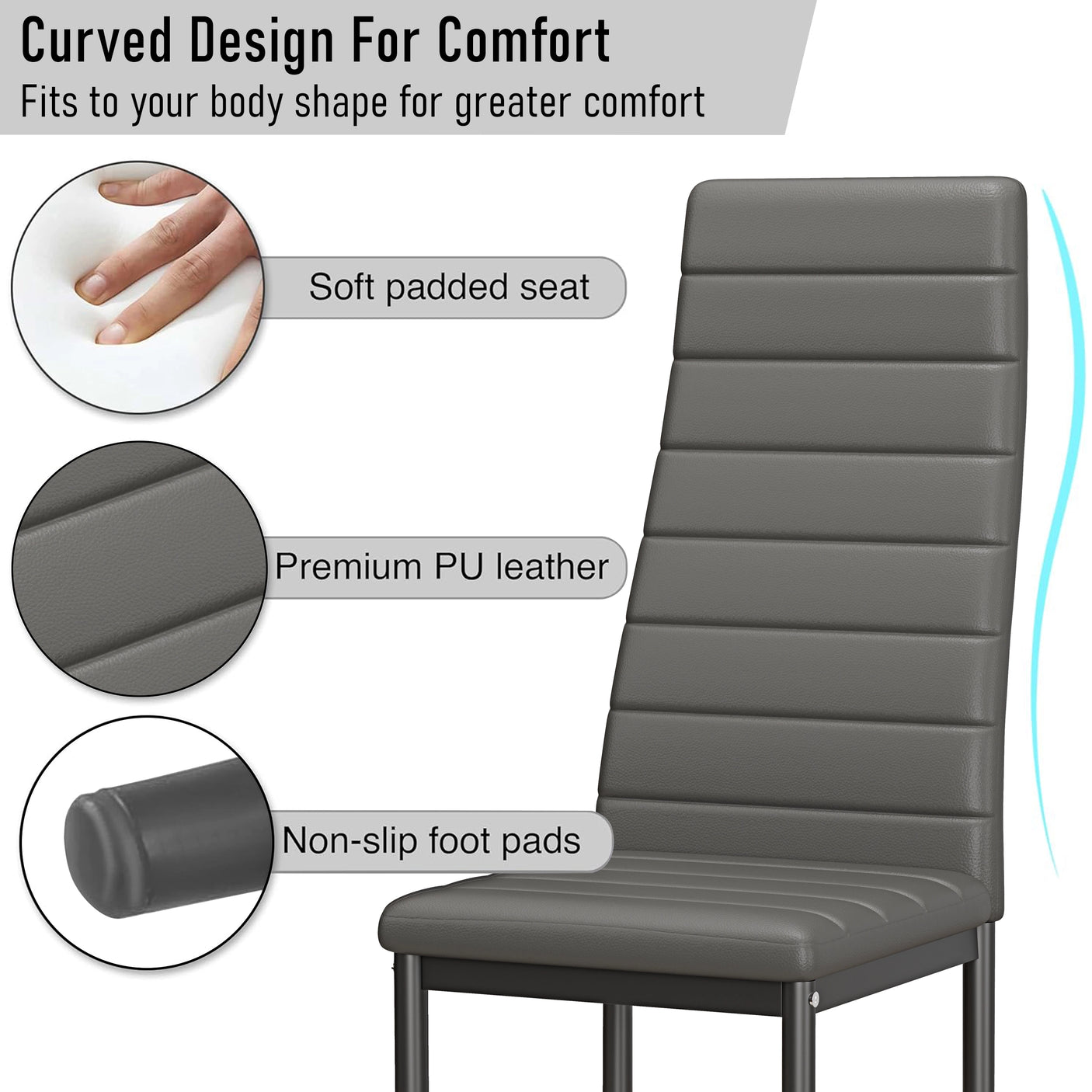 Grey dining chair with soft padding, PU leather, and non-slip feet, designed for comfort in 6 seater dining sets.
