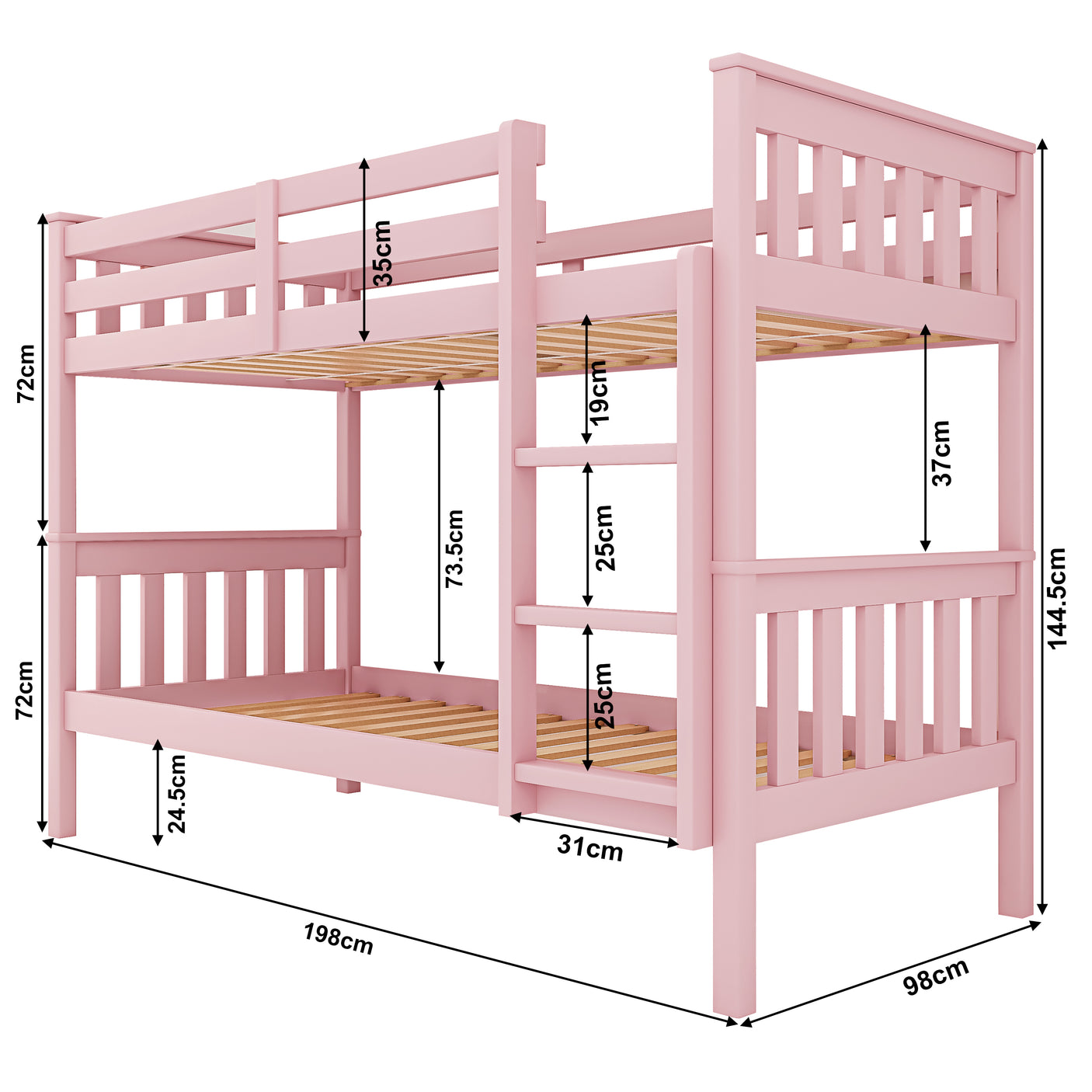 Pink kids' bunk bed with full dimensions labeled, ideal for planning space-saving layouts in children's bedrooms.