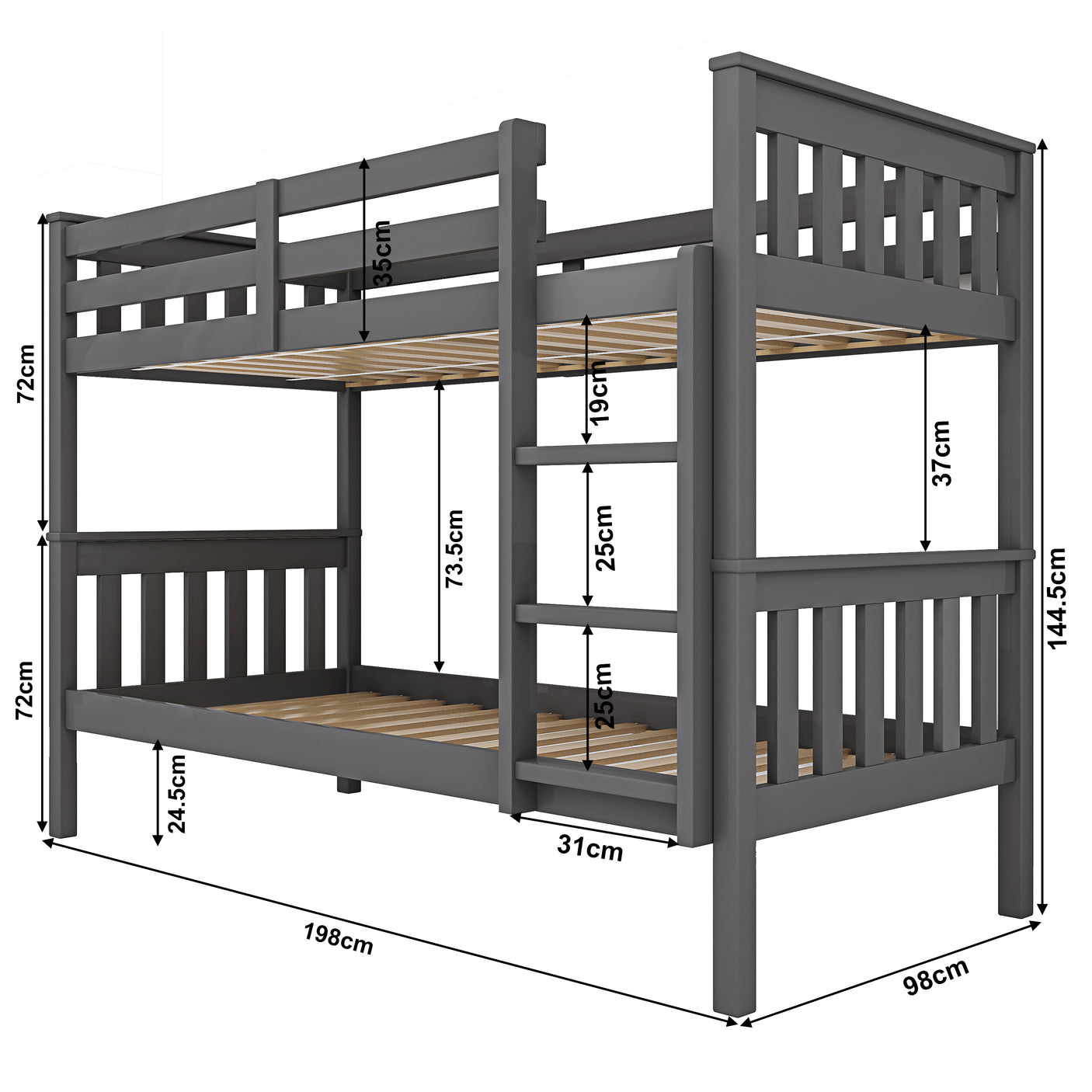 Dark grey kids' bunk bed with full dimensions labeled, ideal for planning compact children's bedroom layouts.