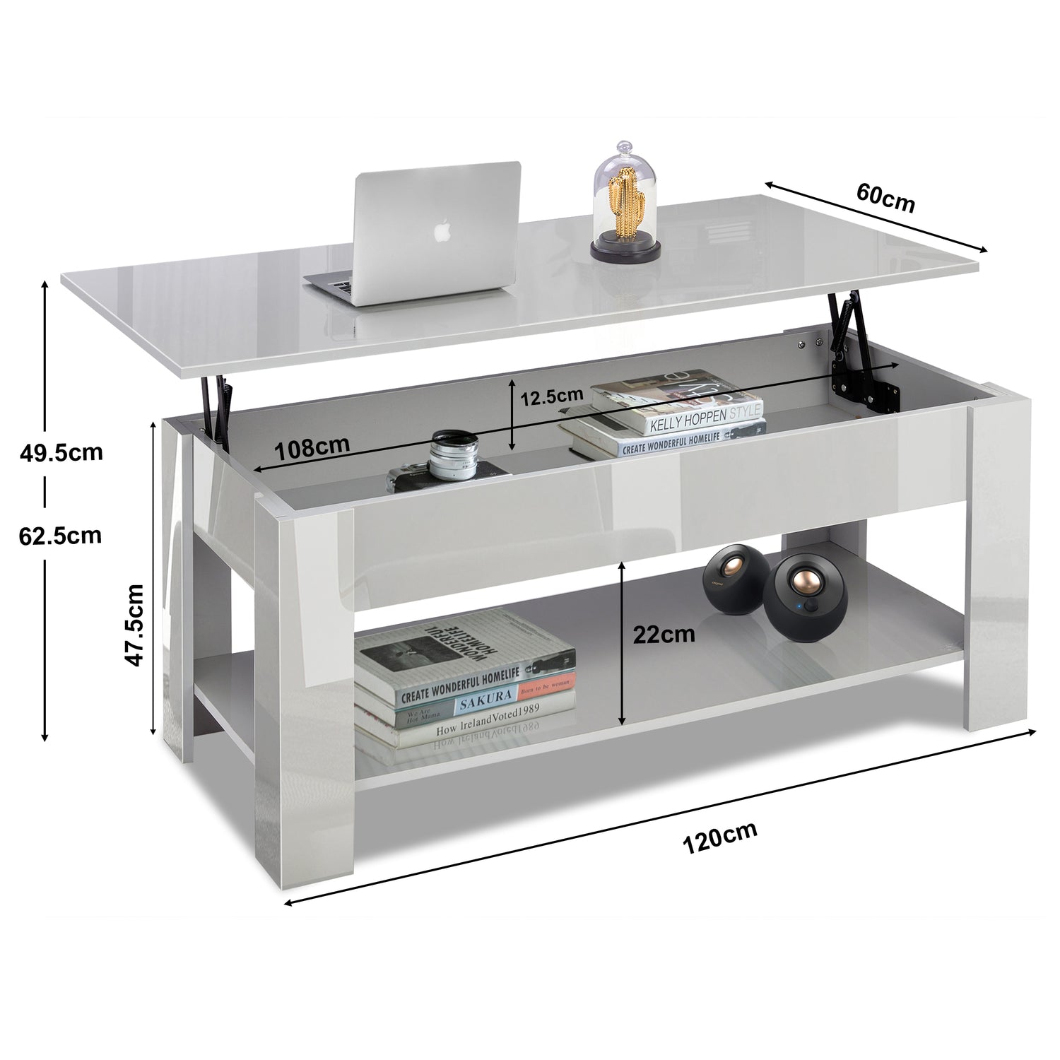High gloss lift top coffee table with hidden storage shelf, featuring adjustable tabletop and lower open shelf, ideal for modern UK living rooms.