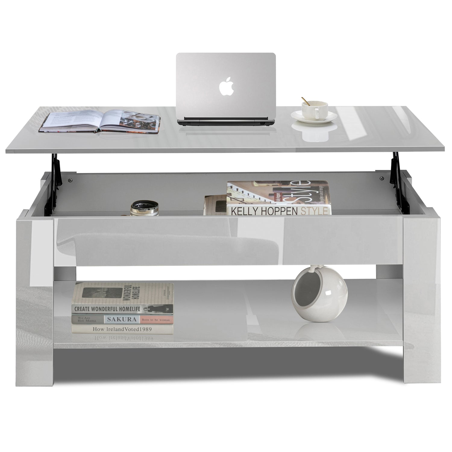 High gloss lift top coffee table with hidden storage shelf in grey, featuring a raised tabletop for workspace and lower shelf for books and decor.