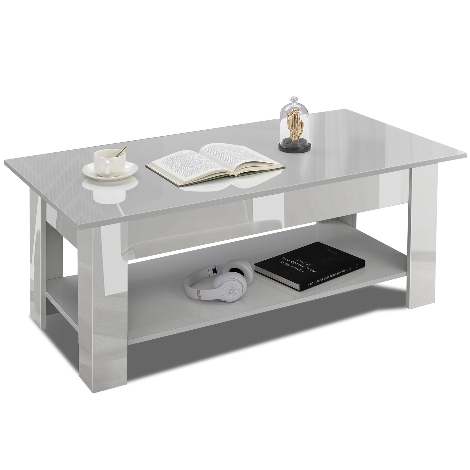 High gloss lift top coffee table with hidden storage shelf in modern grey finish, featuring open shelf with books and headphones for living rooms UK.