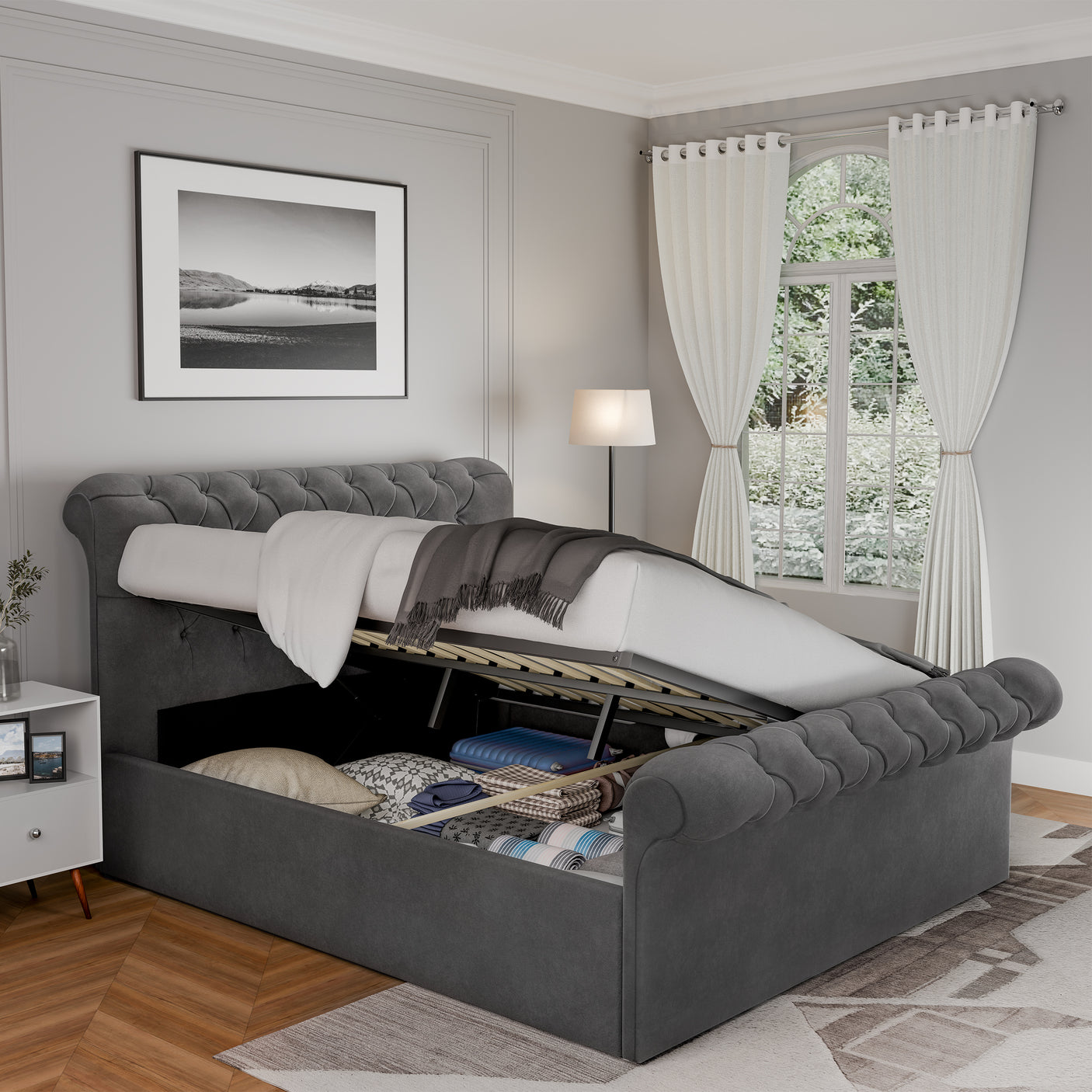 Blisswood Velvet Chesterfield Design Side lift Ottoman Bed With Storage