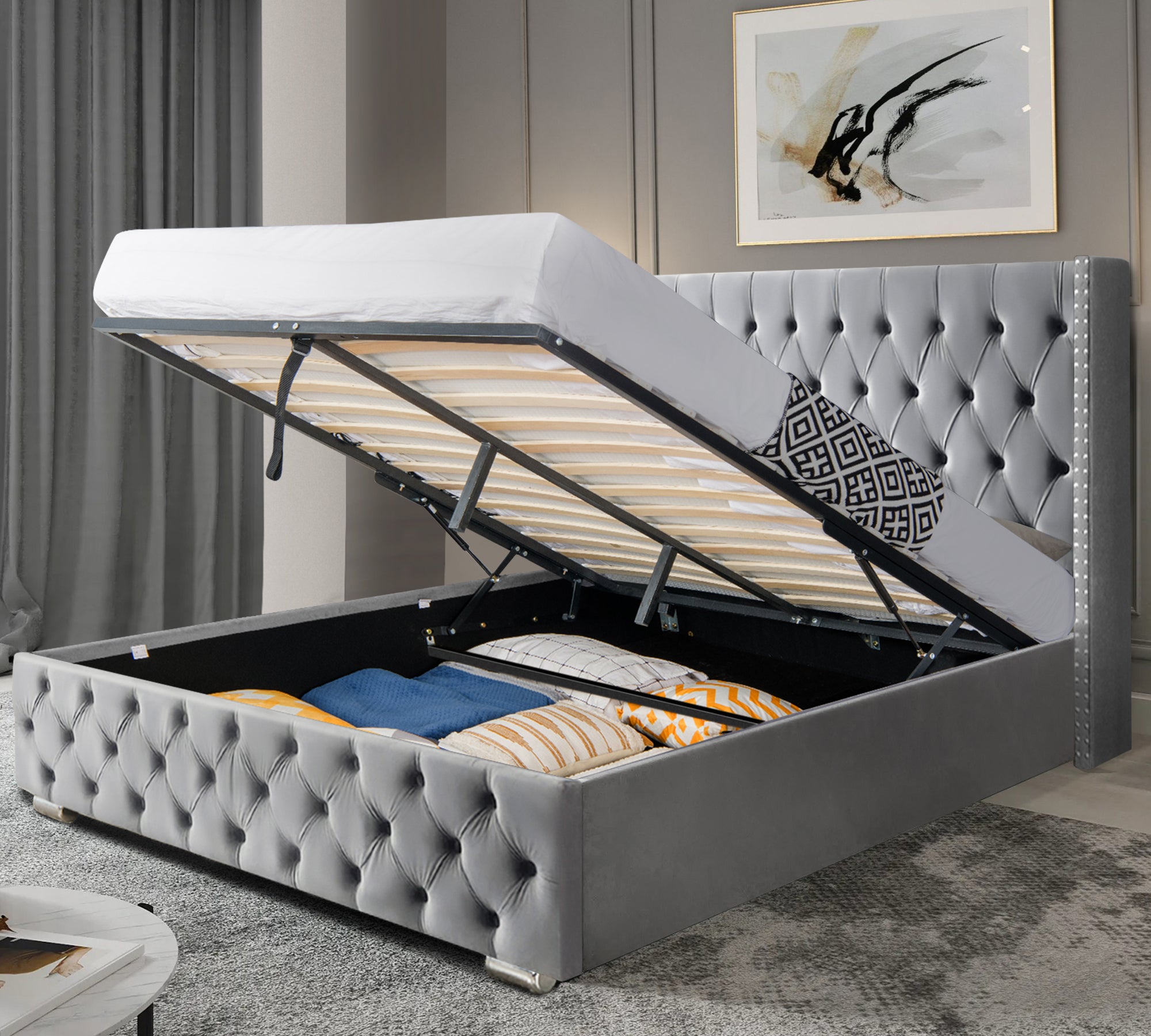 Blisswood Ottoman Bed with Storage & Headboard - Velvet Cross Design