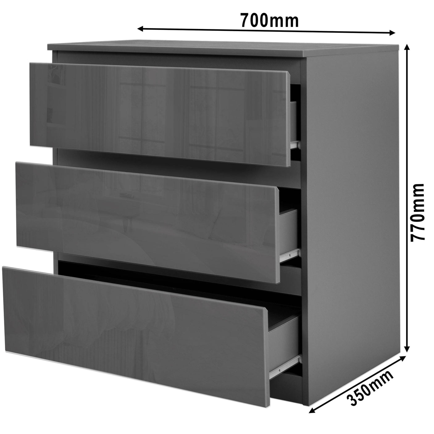 Blisswood Dark Grey Chest of Drawers - High Gloss Drawers 3-drawer unit dimensions: 770mm height, 700mm width, 350mm depth.