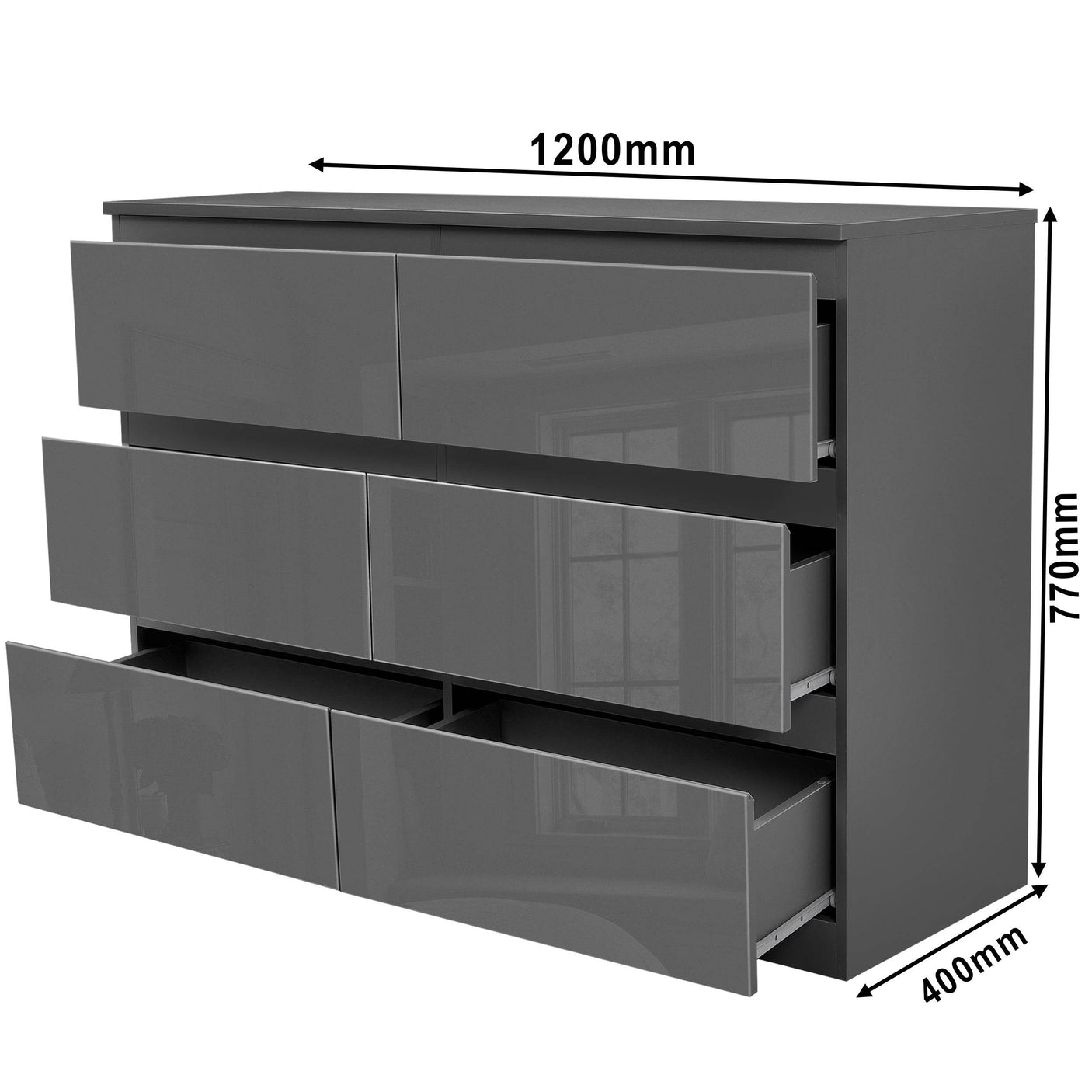 Dimensions of Blisswood Dark Grey Chest of Drawers - High Gloss Drawers 6-drawer unit: 770mm height, 1200mm width, 400mm depth.