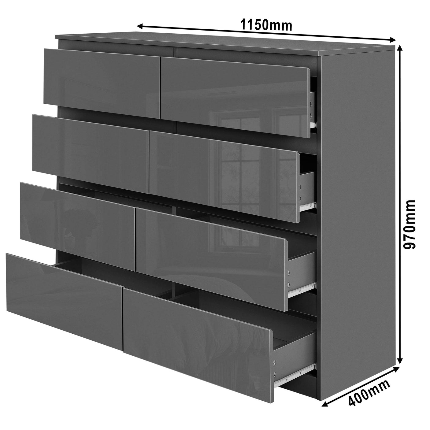 Dimensions of Blisswood Dark Grey Chest of Drawers - High Gloss Drawers 8-drawer unit: 970mm height, 1150mm width, 400mm depth.