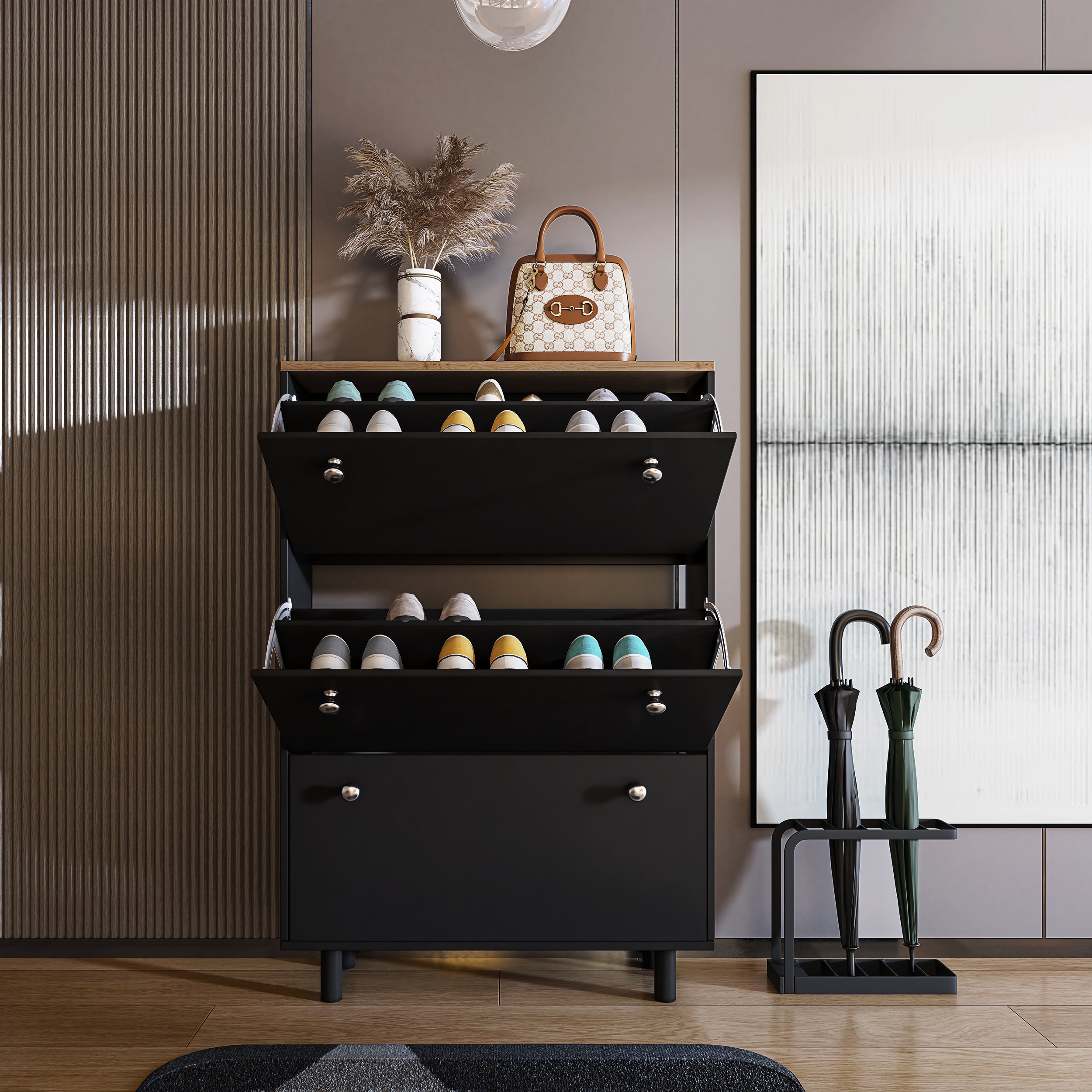 Stylish hallway shoe cabinet UK for homes with flip-up compartments for organized shoe storage.