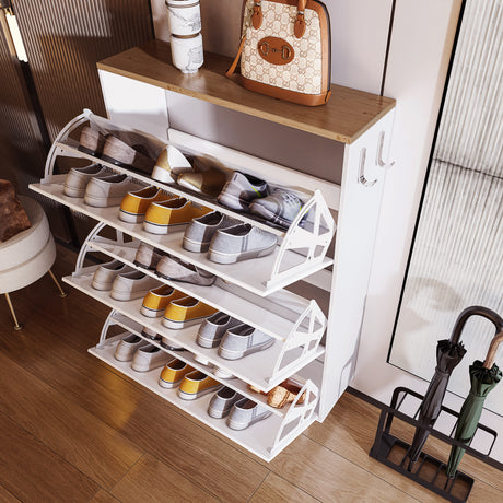 Spacious hallway shoe cabinet with doors and multiple compartments for organized storage.