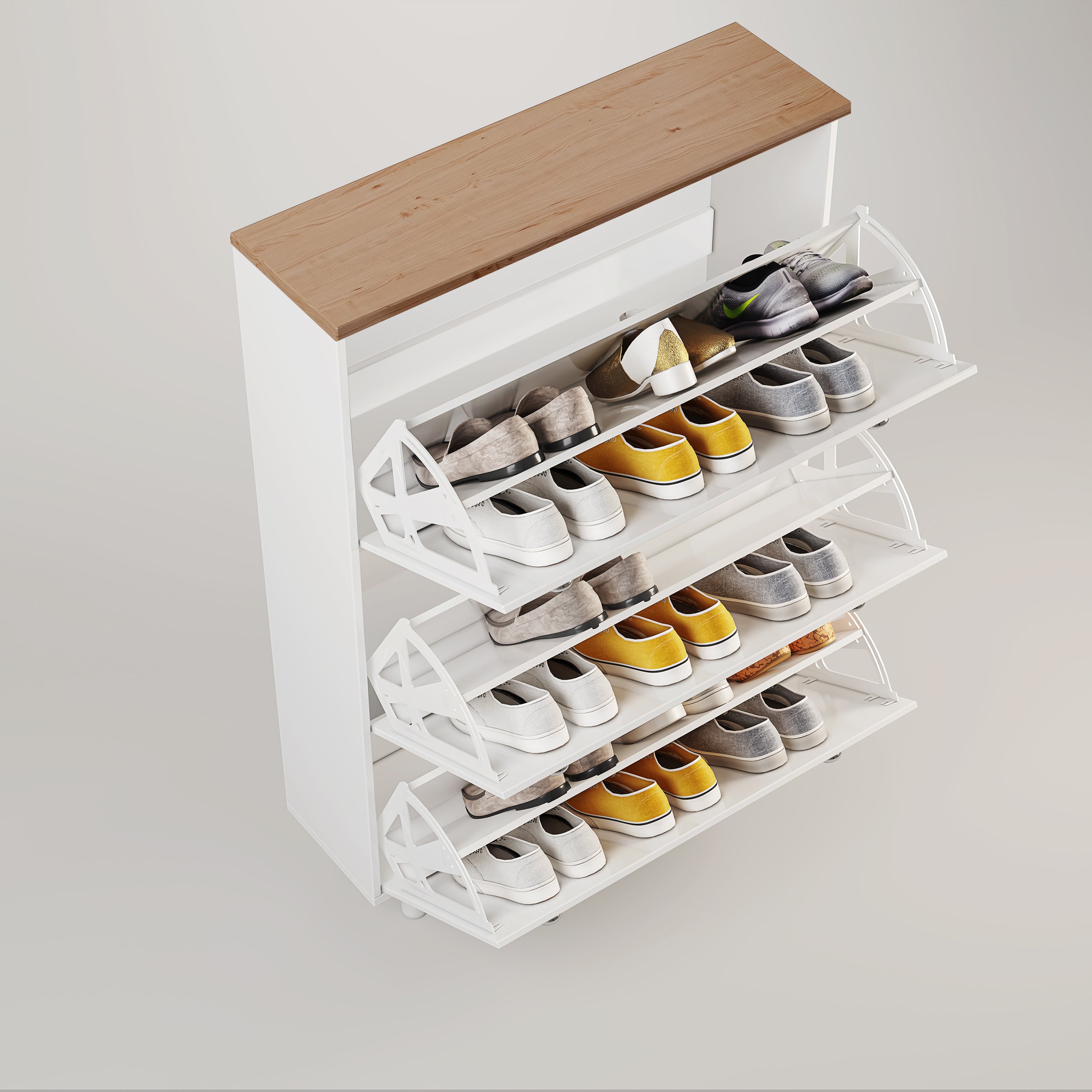 Modern hallway shoe cabinet with multiple compartments for efficient storage.