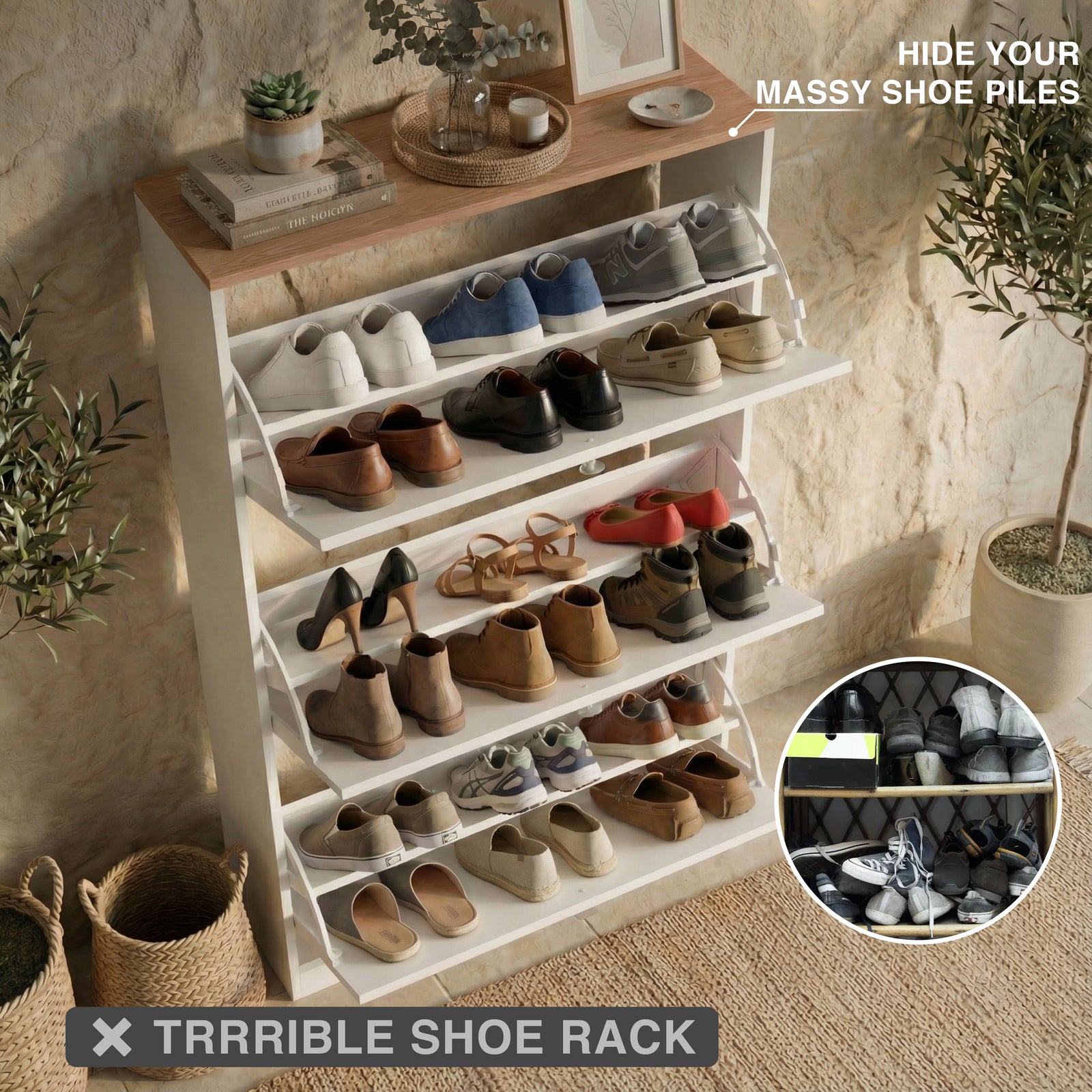 [White] open shoe cabinet capacity demo with two-tier internal racks holding heels, sneakers and brown leather boots