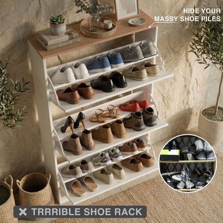 White shaker shoe cabinet with pull-down drawer mechanism and internal tiered shelving