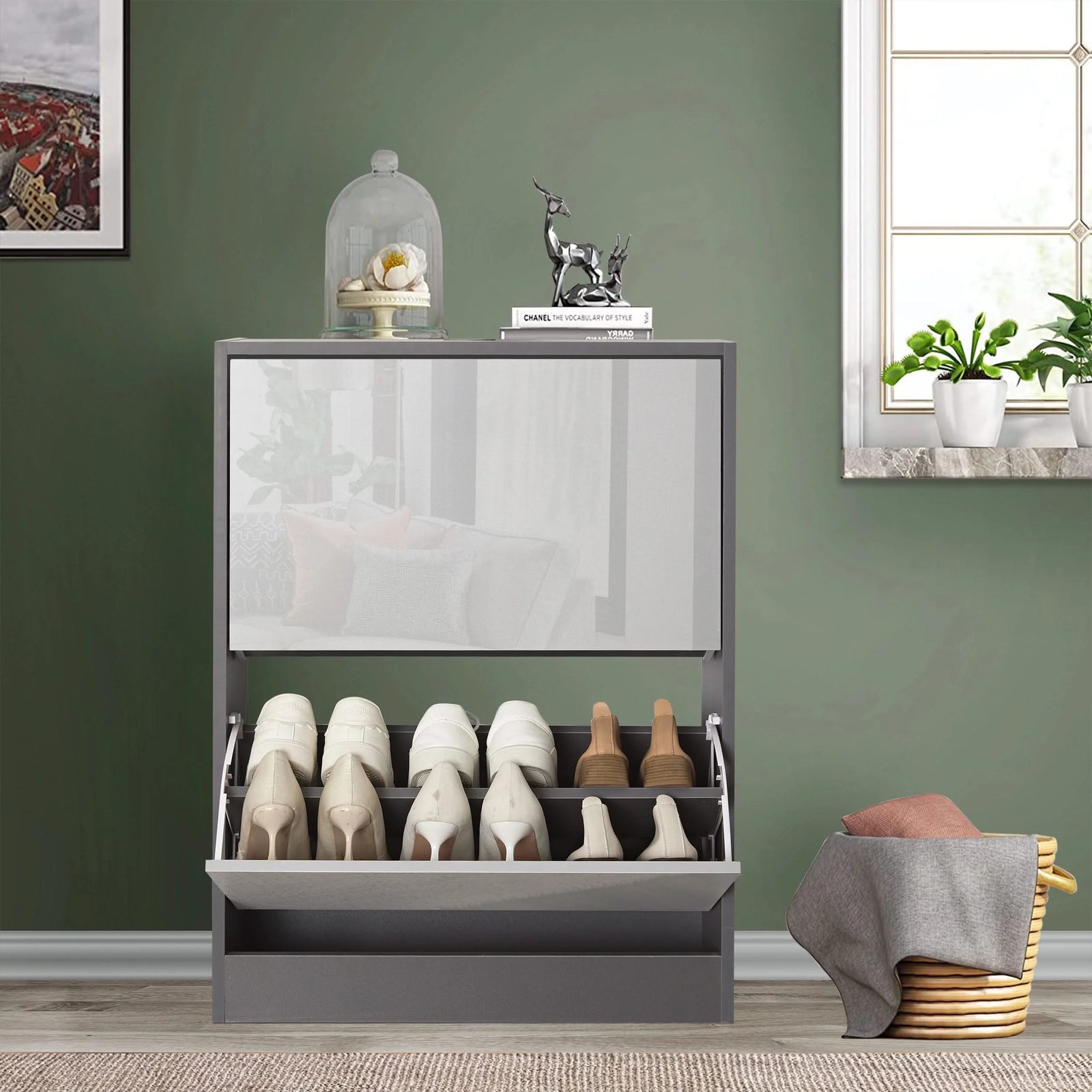 [Silver Grey & Dark Grey] two tone grey gloss shoe cabinet closed front view, doors reflecting cream sofa and cushions