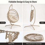[Beige] foldable hanging egg chair shown in a four-panel feature graphic. The top-left panel shows the chair unfolded with a dark cushion inside; the top-right panel shows it folded hanging from the stand.