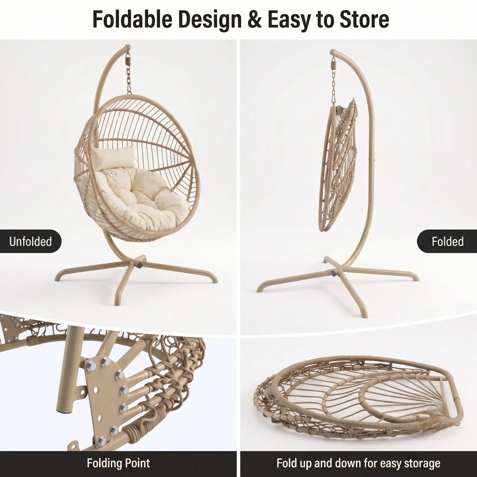 [Beige] foldable hanging egg chair shown in a four-panel feature graphic. The top-left panel shows the chair unfolded with a dark cushion inside; the top-right panel shows it folded hanging from the stand.
