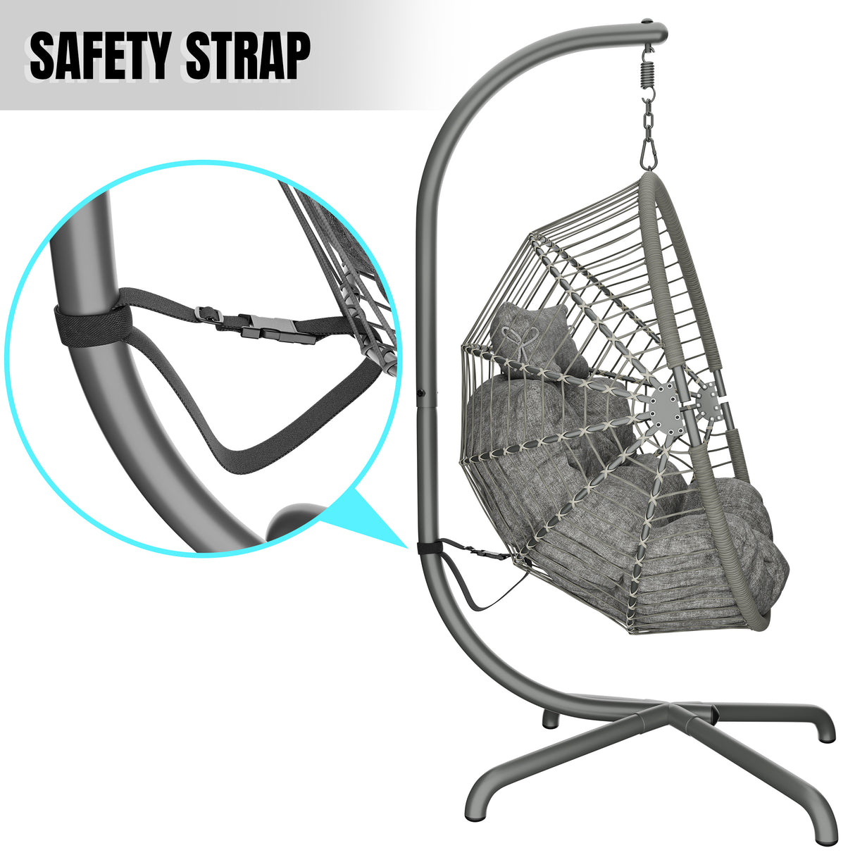 Hanging egg chair with built-in safety strap for enhanced security and comfort.