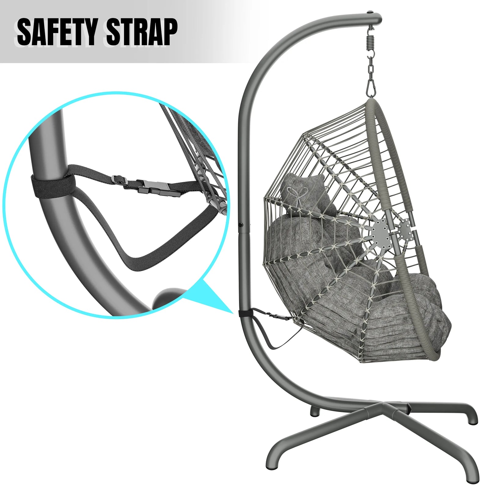 [Grey] Hanging egg chair with built-in safety strap for enhanced security and comfort.