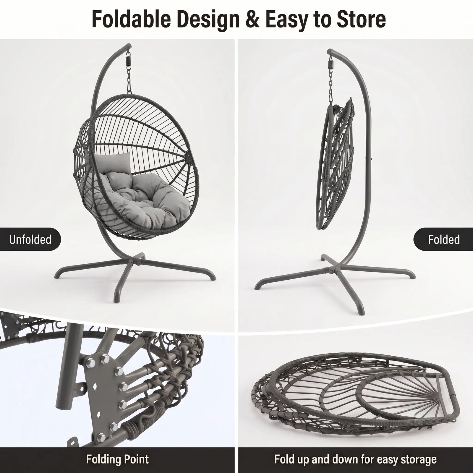 [Dark Grey] foldable hanging egg chair shown in a four-panel feature graphic. The top-left panel shows the chair unfolded with a dark cushion inside; the top-right panel shows it folded hanging from the stand.