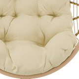 Beige hanging egg chair with heavy cushions filled with high-quality fiber for ultimate comfort.