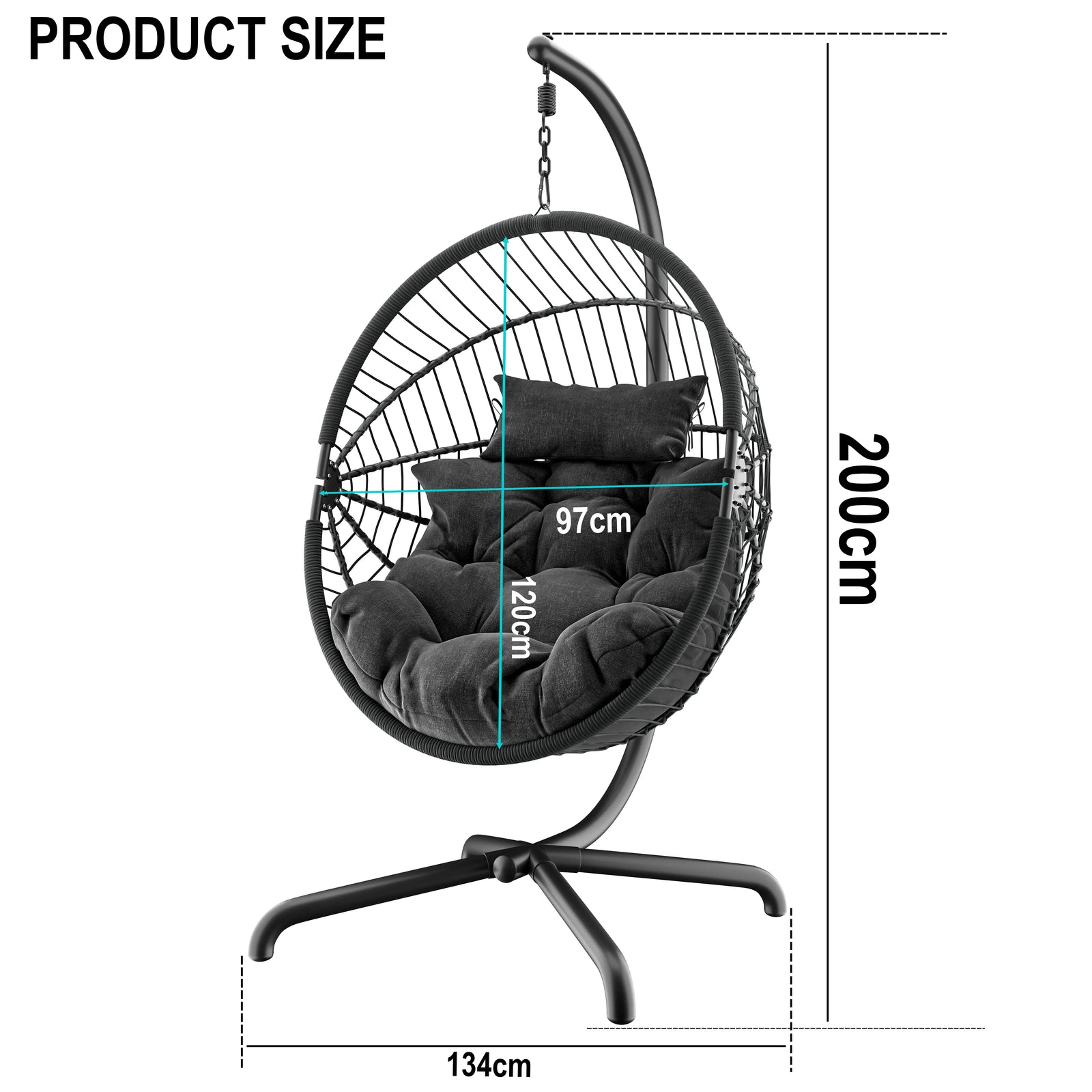 [Black] Black hanging egg chair dimensions: 200cm height, 134cm width, 97cm seat, 120cm seat H