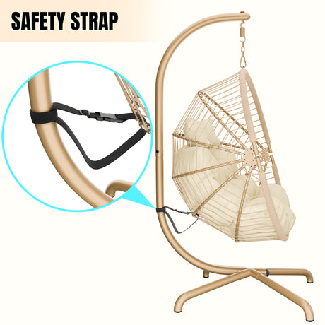 Hanging egg chair cushion with safety strap for secure and comfortable use.