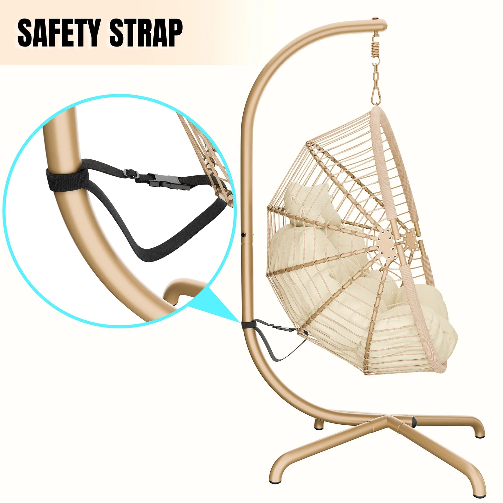 [Beige] Hanging egg chair cushion with safety strap for secure and comfortable use.