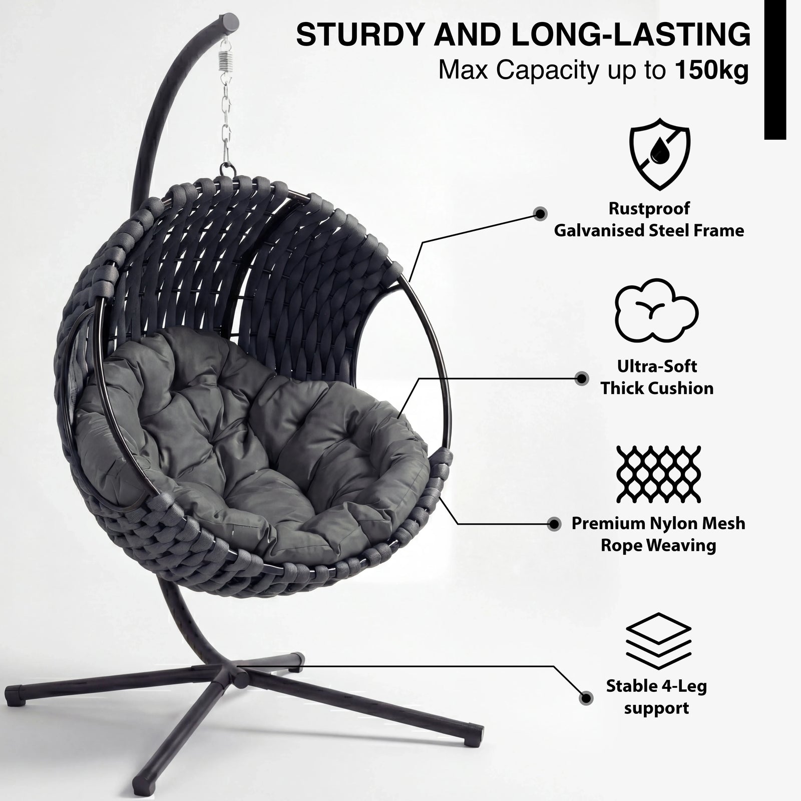 [Dark Grey] Feature breakdown of dark grey hanging egg chair: rustproof galvanised steel, thick cushion, rope shell, 4 legs