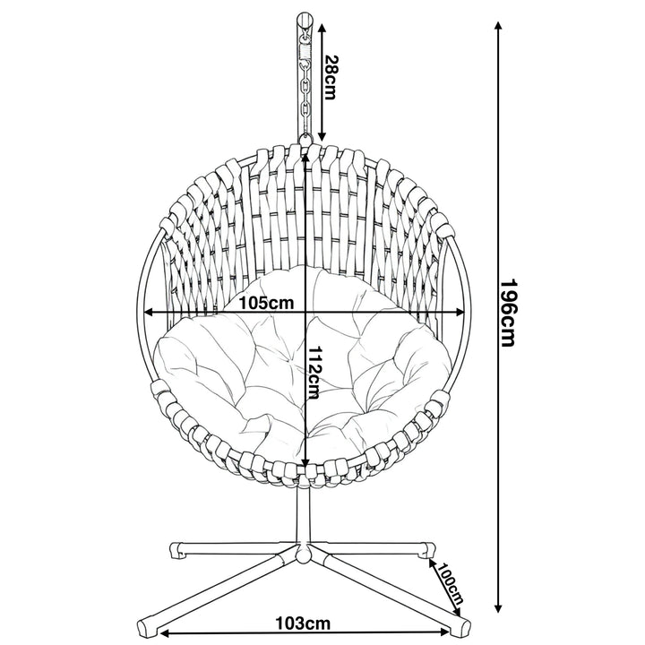 [Dark Grey] Dimensions diagram of dark grey hanging egg chair: 196cm high, 105cm wide, 112cm seat, 103cm base, 28cm chain