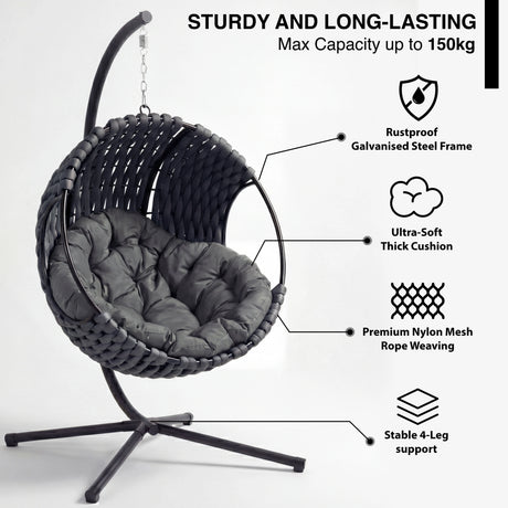 Round Garden Hanging Egg Chair features labeled including rustproof frame, thick cushion, nylon mesh weaving, and 4-leg support for durability.