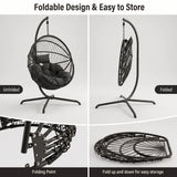 [Black] foldable hanging egg chair shown in a four-panel feature graphic. The top-left panel shows the chair unfolded with a dark cushion inside; the top-right panel shows it folded hanging from the stand.