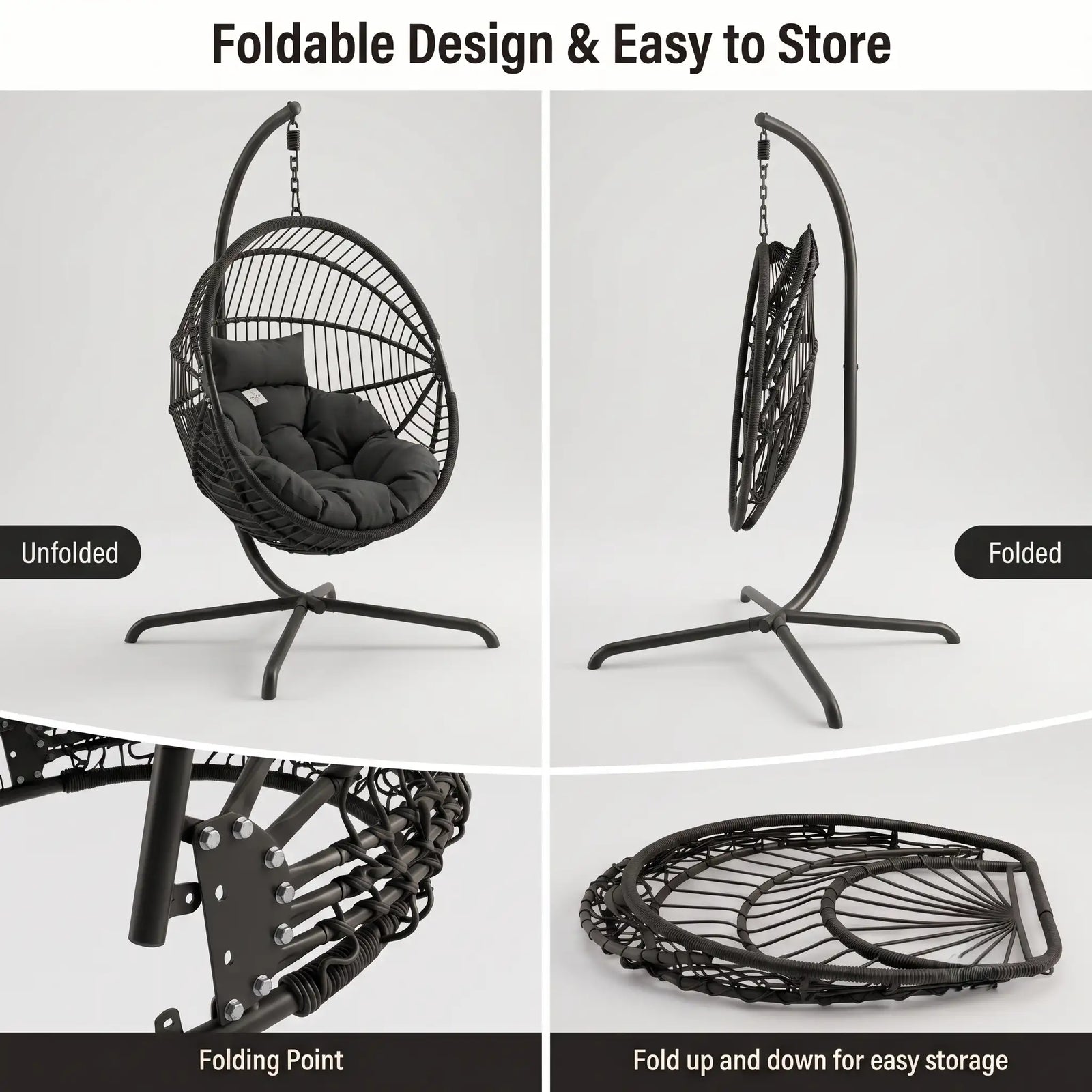 [Black] foldable hanging egg chair shown in a four-panel feature graphic. The top-left panel shows the chair unfolded with a dark cushion inside; the top-right panel shows it folded hanging from the stand.