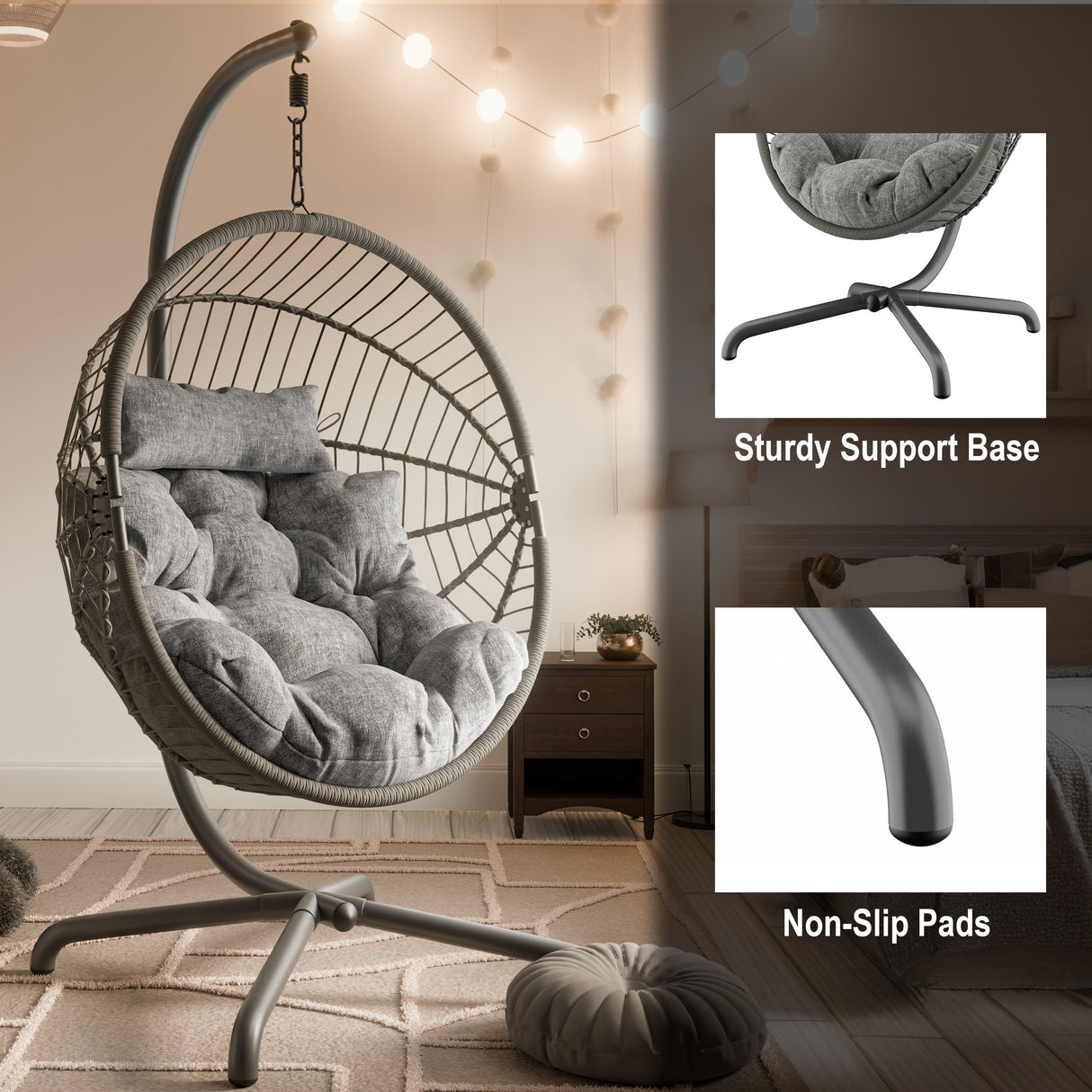 Grey hanging egg chair with sturdy support base and non-slip pads for added stability and comfort.