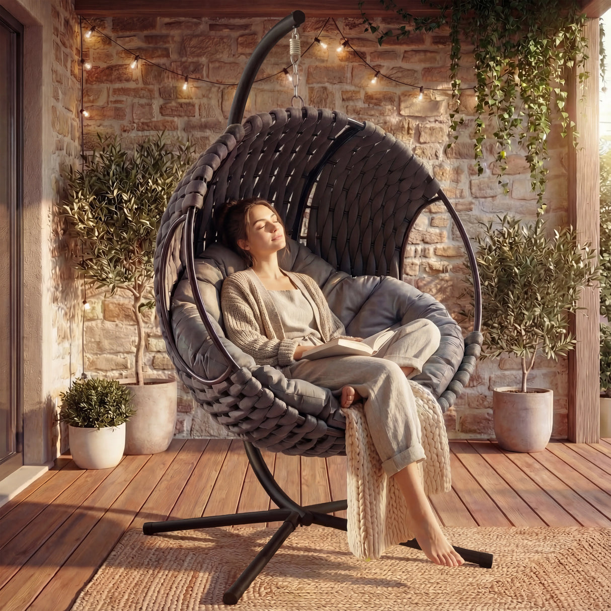 [Dark Grey] A round dark grey hanging egg chair in a cozy garden setting, offering comfort and relaxation to the girl seating inside.