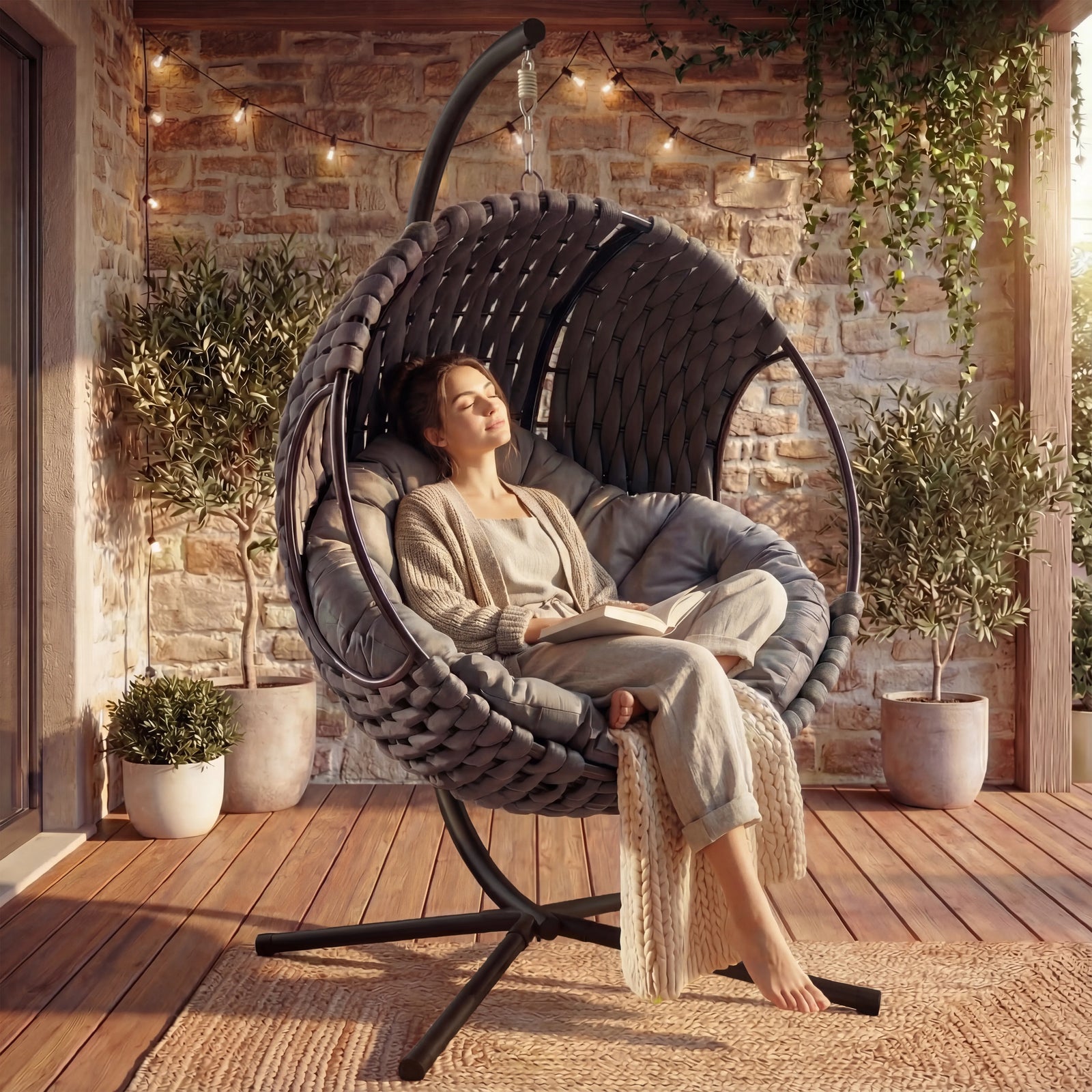 [Dark Grey] Outdoor dark grey hanging egg chair scene on timber decking with overhead string lights and olive trees