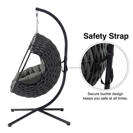 Round Garden Hanging Egg Chair side view showing safety strap with secure buckle design for added user protection and stability.