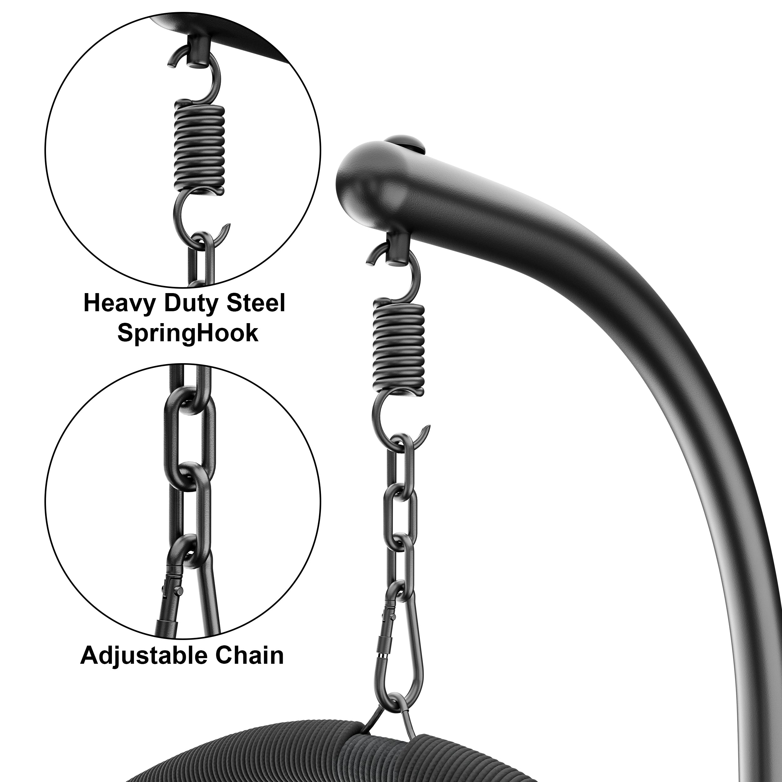 Hanging egg chair UK with heavy-duty steel spring hook and adjustable chain for safety.