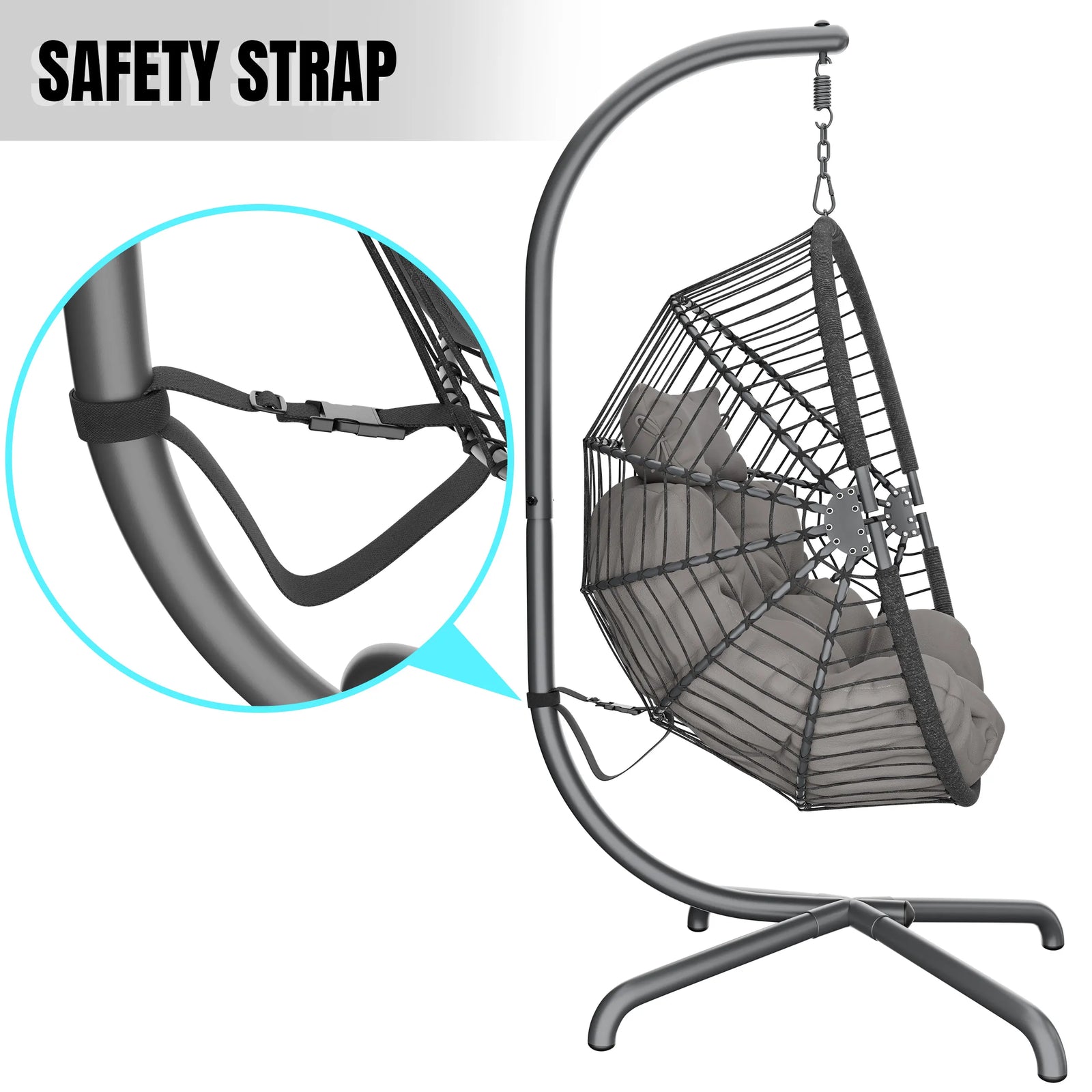[Dark Grey] Hanging egg chair with stand, cushion, and safety strap for secure and comfortable seating.