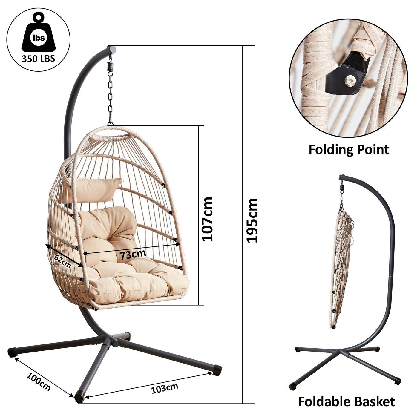 Dimensions of a beige hanging egg garden chairs with foldable basket and sturdy frame.