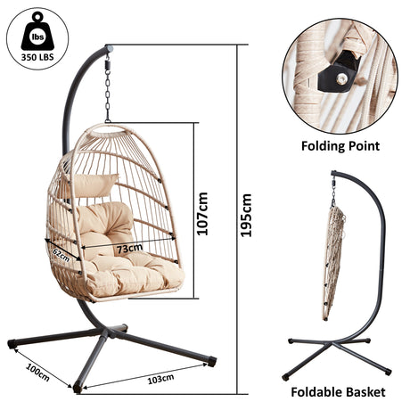 Dimensions of a beige hanging egg garden chairs with foldable basket and sturdy frame.