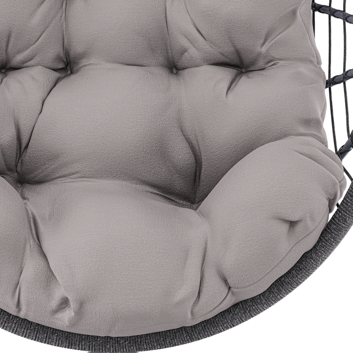 Dark grey hanging garden egg chair with heavy fiber-filled cushions for ultimate comfort.