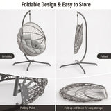 [Grey] foldable hanging egg chair shown in a four-panel feature graphic. The top-left panel shows the chair unfolded with a dark cushion inside; the top-right panel shows it folded hanging from the stand.