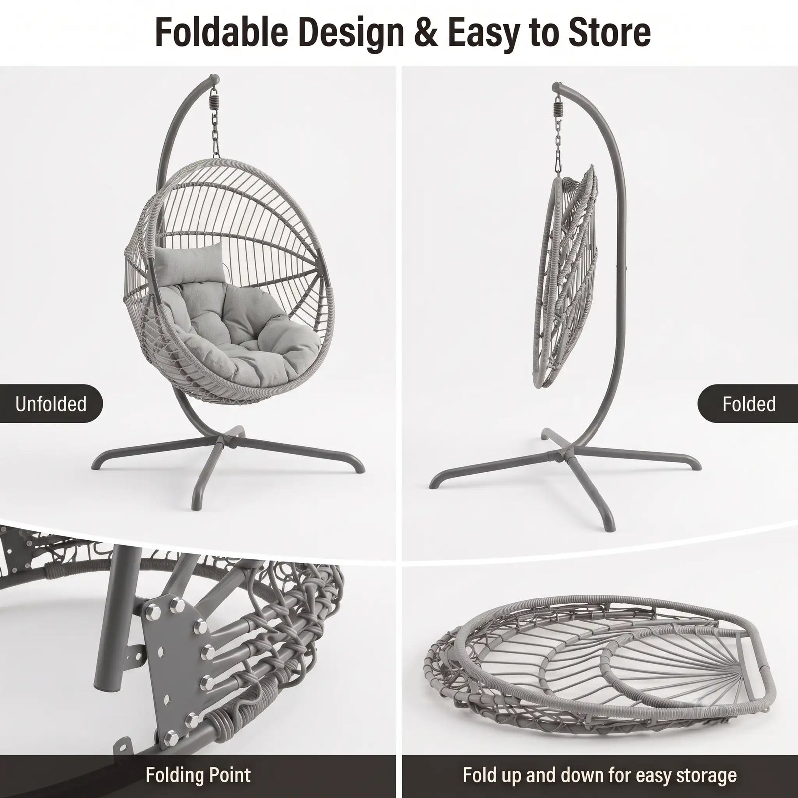 [Grey] foldable hanging egg chair shown in a four-panel feature graphic. The top-left panel shows the chair unfolded with a dark cushion inside; the top-right panel shows it folded hanging from the stand.
