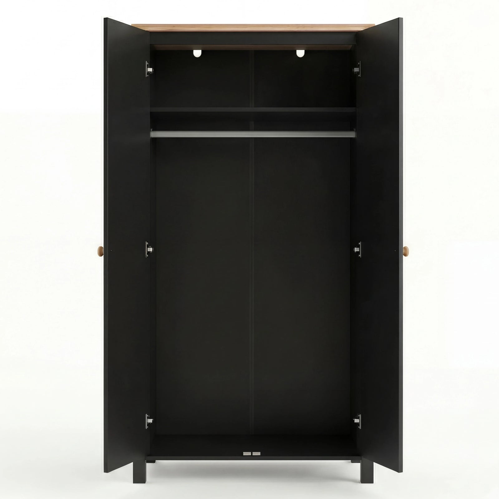 [Black] Haven wardrobe interior layout on white, shelf at top and hanging rail below, both doors open