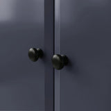 [Blue] Haven wardrobe knob close-up, two round black knobs on smooth blue painted door fronts