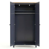 [Blue] Open empty Haven wardrobe, blue body with oak top, internal shelf above clothes hanging rail