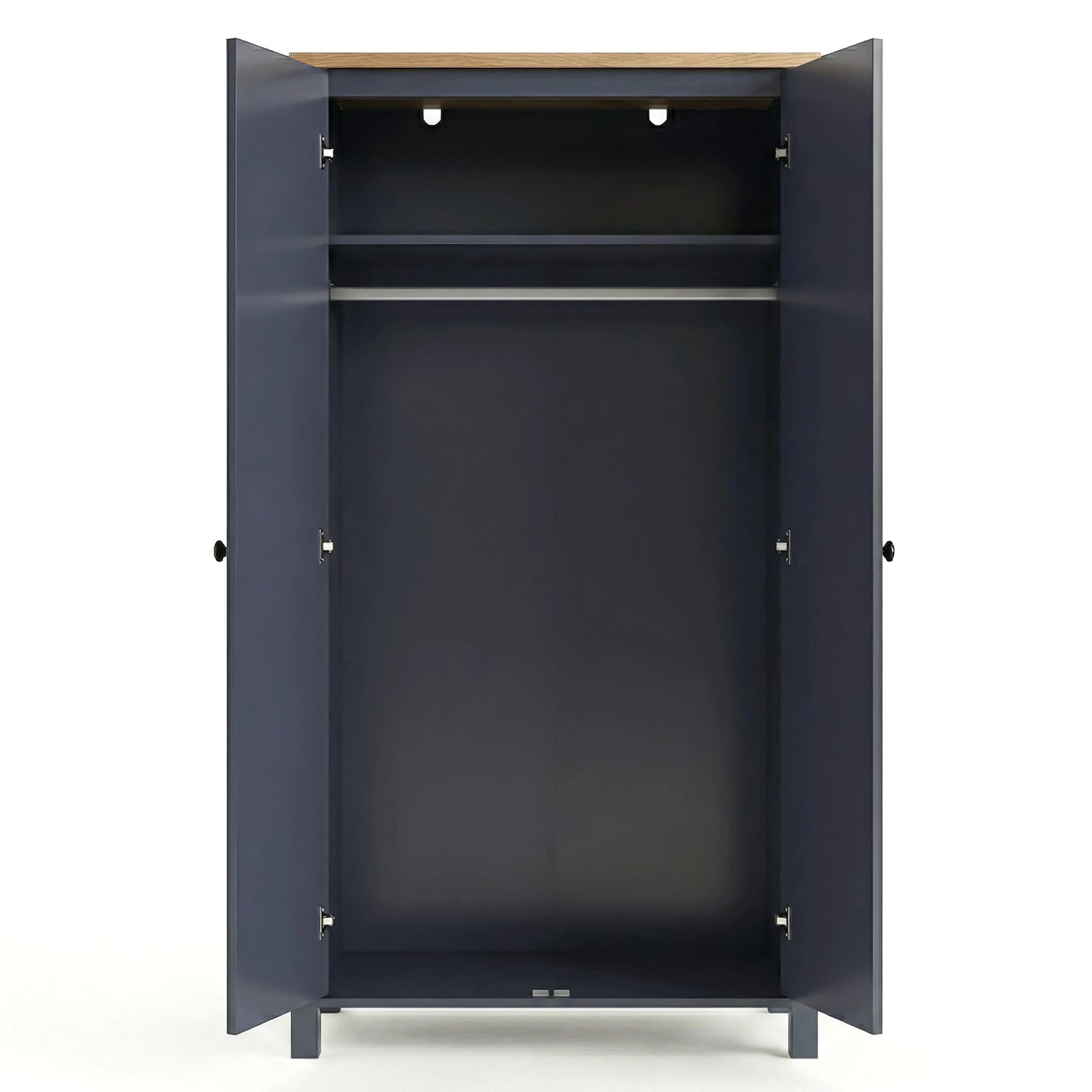 [Blue] Open empty Haven wardrobe, blue body with oak top, internal shelf above clothes hanging rail