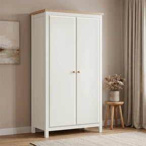 [White] 2 door wardrobe with wooden top in a room with beige walls and curtains